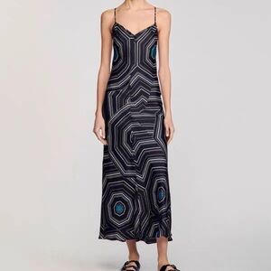 Sandro Silk Geometric Maxi Slip Dress in Black and Blue